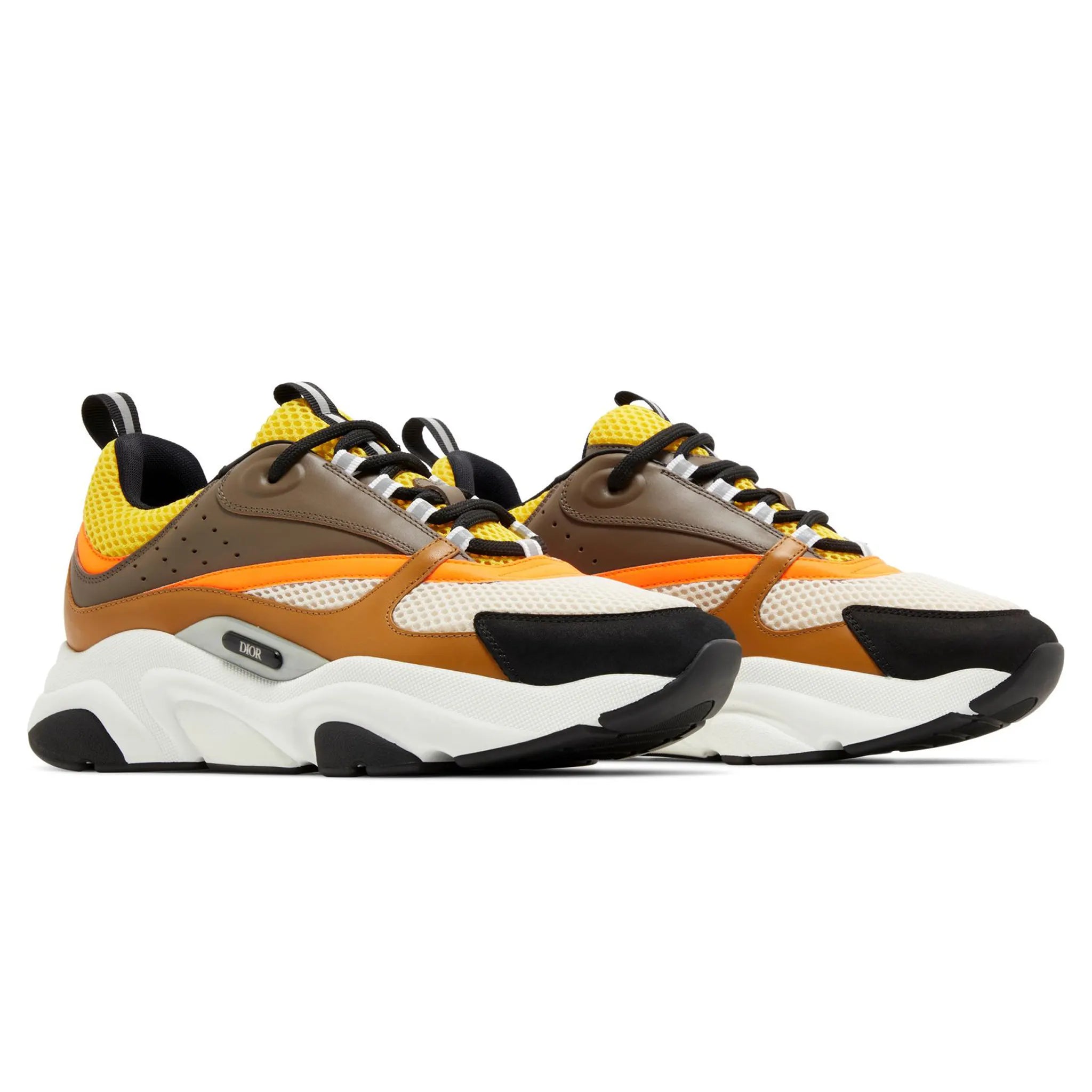 Front side view of Dior B22 Ebony Camel Yellow Calfskin Trainer 3SN231YRK_H267